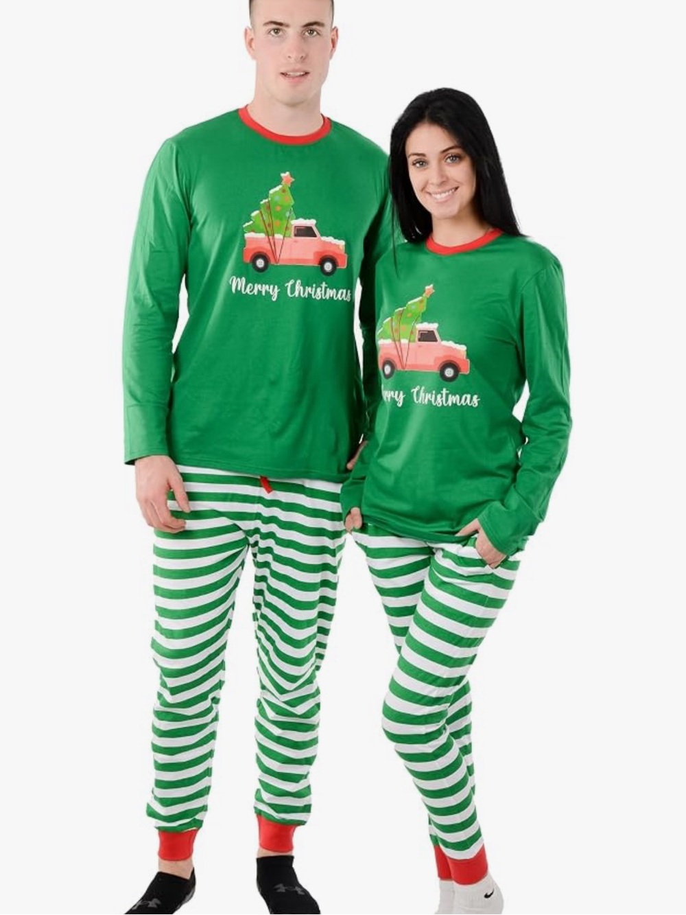 Men's Green 'Merry Christmas' Pajama Set with Striped Pants Size Medium